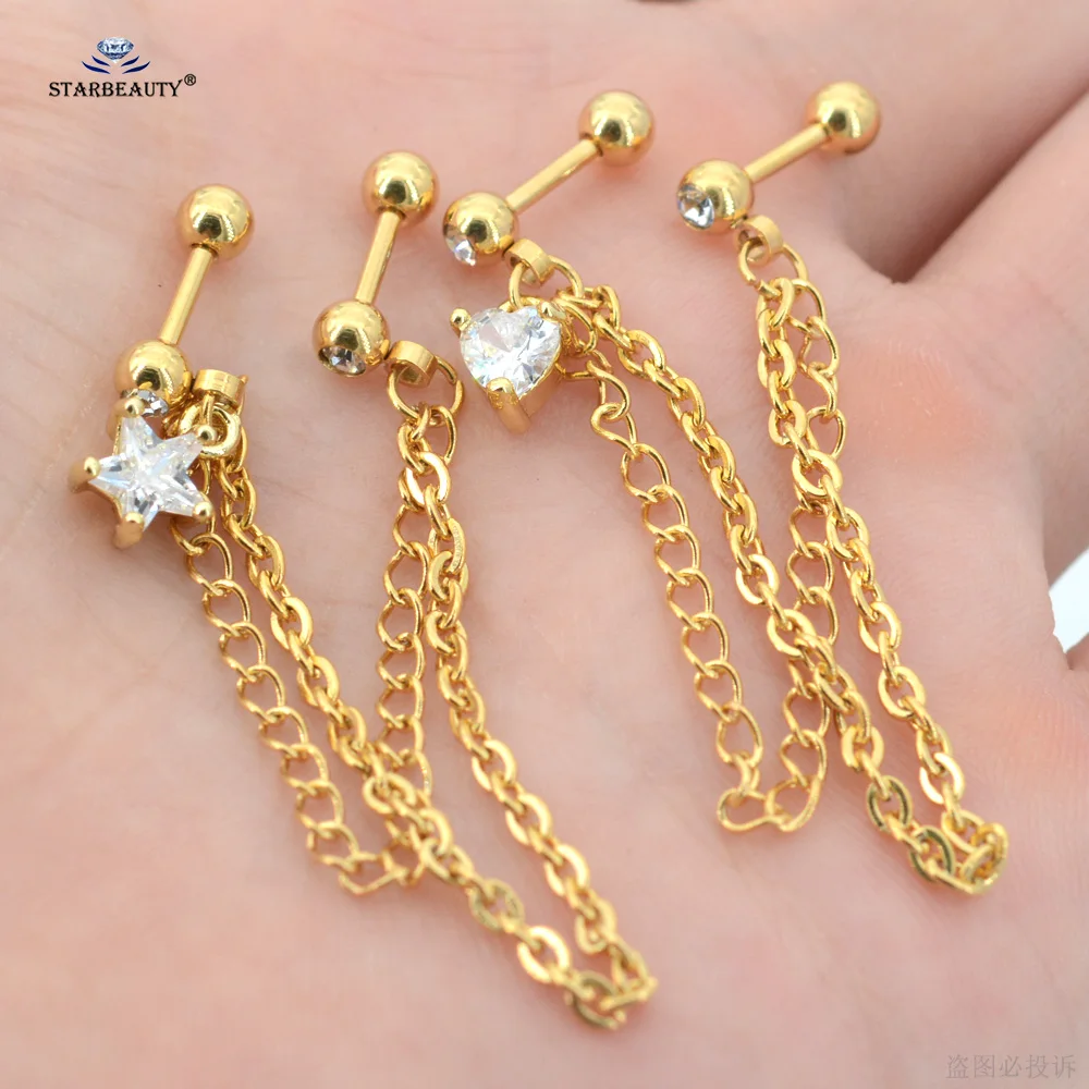 Stainless Steel Tassel Earrings Ear Piercing Dangle Jewelry 1Pc Zircon Heart Tragus Helix Piercing Lobe Stud piercing jewelry,body piercing jewelry,body jewelry,ear piercing jewelry