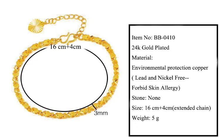 MxGxFam(16 см+ 4 см) Прекрасный браслет с сердечками ювелирные изделия для женщин дизайн 24 К чистого золота цвет Аллергия бесплатно