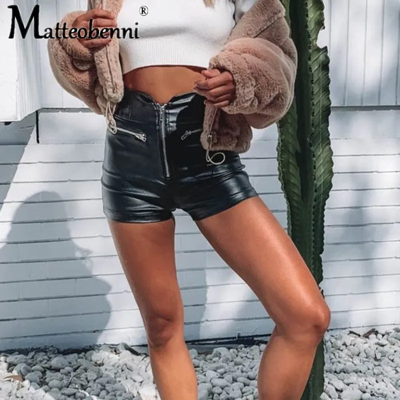 New High Waist Slim Casual Pu Leather Shorts Women Zipper Moto and