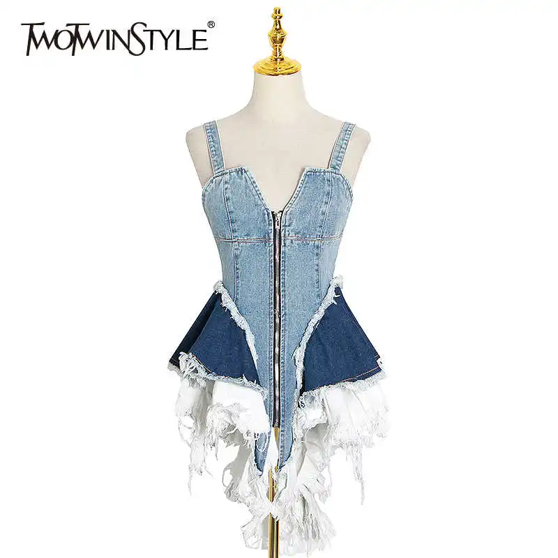 

TWOTWINSTYLE Sexy Patchwork Denim Women Tops Square Collar Sleeveless Spaghetti Strap Tunic Mesh Ruffles Hit Color Vests Female