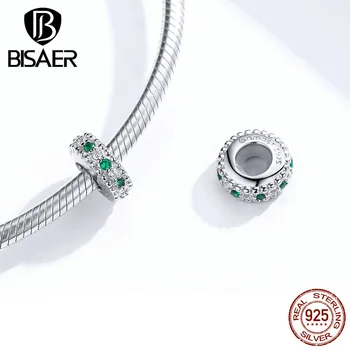 

BISAER Silver Beads Sterling Silver 925 Retro Green Cubic Zircon Beads Charms for Bracelet Women Making Jewelry HVC185