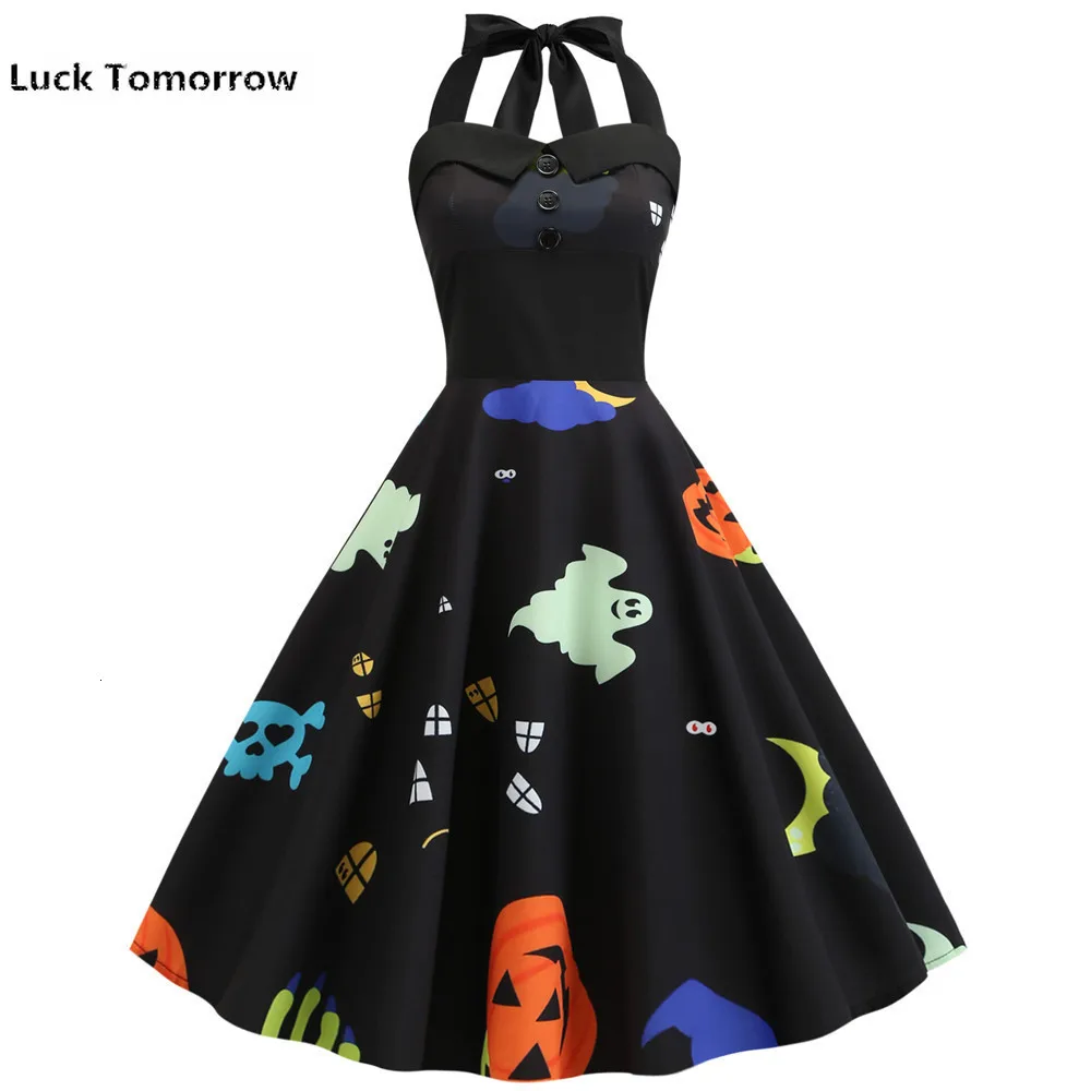 

2019 Hot Sale Spaghetti Strap High Quality Women's 60s Vintage Print Halter Halloween Evening Party Swing Dress Drop Shipping