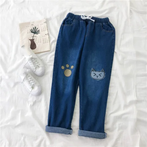 Dark Blue Neploe японский мультяшный Кот Вышивка джинсовые прямые брюки осень зима женские брюки на шнуровке с высокой талией джинсовые штаны 56213 - Цвет: Dark Blue