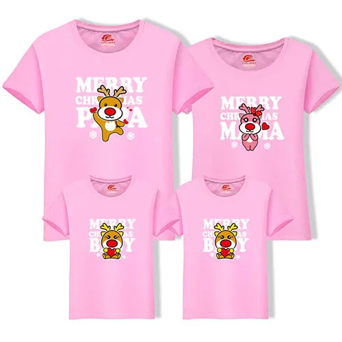 Christmas Casual Family Matching Clothes Cotton T-shirt Summer Mother Daughter Cartoon Short Sleeve Dad Mom Baby Family Suit - Цвет: Розовый