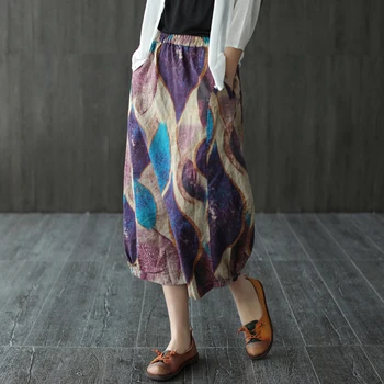 

Women Ramie Skirt Elastic Waist Print Retro Vintage Fashion Casual for Spring Summer AZ19571515