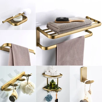 

Antique Brushed Towel Shelf Solid Brass Toilet Paper Holder Ceramic Toothbrush Cup All Copper Bathroom Accessories Set