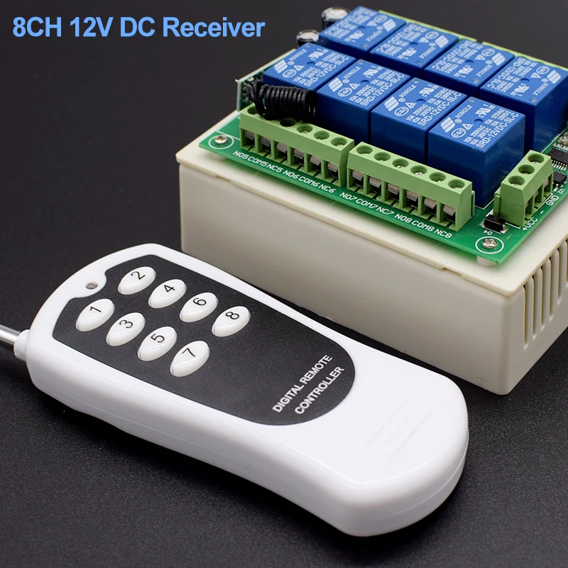 

433MHz Universal Wireless Remote DC 12V 8CH rf Relay and Transmitter Remote Garage/LED/Light/Fan/Home appliance Control switch
