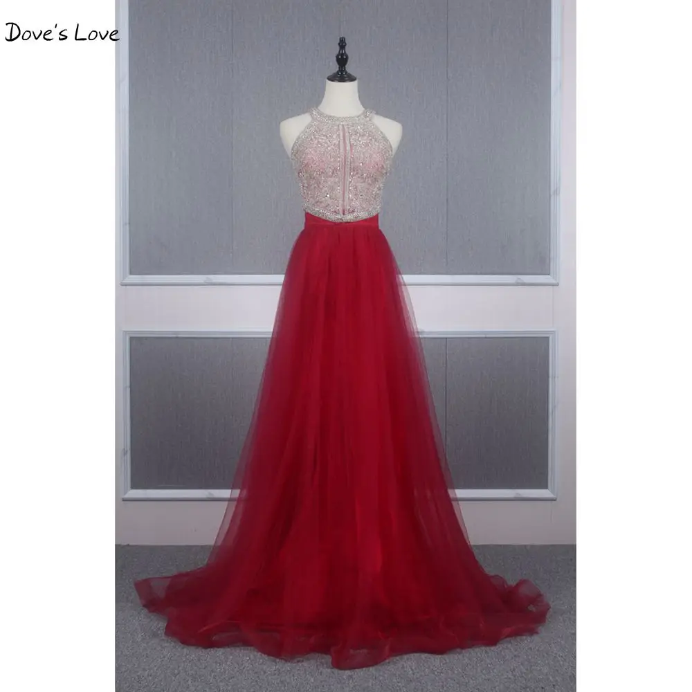 

Beading Prom Dresses 2020 Rhinestone Burgundy Tulle Sleeveless A Line Zipper Evening Gown Champagne Blush Pink Green Champagne