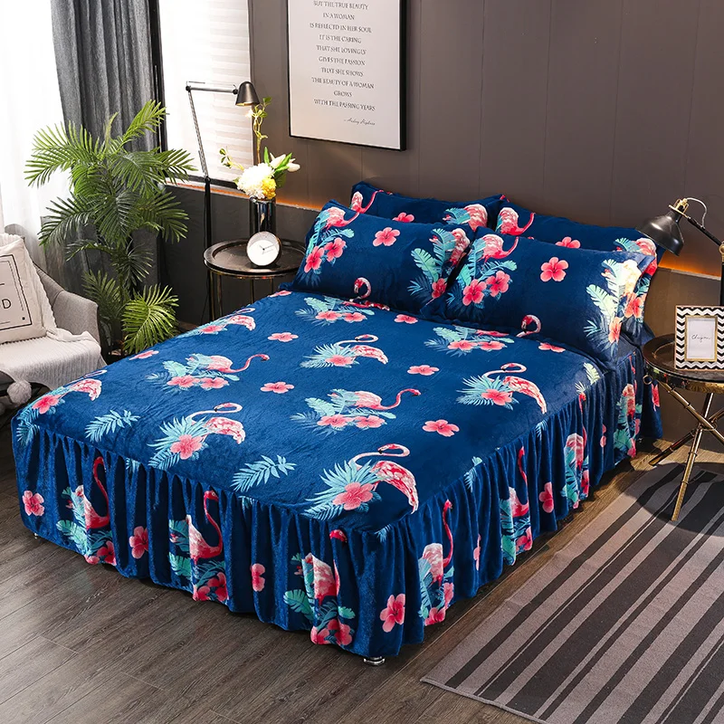 Bed Skirt Flannel Printing Type Dark Blue Bed Cover Elegant Bedspread Satin Cotton Bed Sheet for Wedding Decoration Bed Cover