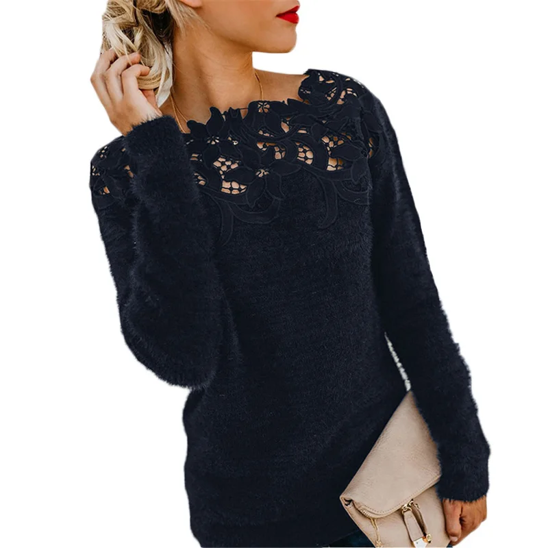 S-5XL Warm Fluffy Sweater Tops Ladies Lace Jumper Pullover Blouse Elagant Black Knitted Winter Sweaters Women Plus Size Knitwear | Женская