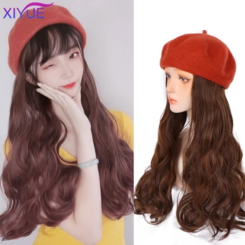 

High Temperature Fiber Synthetic Knitted Berets Hat Long Wavy Wig All-In-One Fluffy Breathable Natural Autumn And Winter Hat