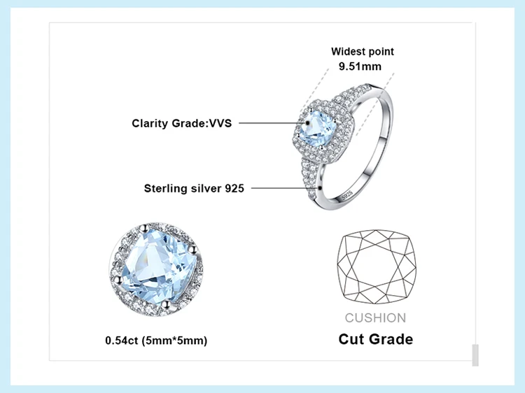 Jewelrypalace Подушки с 0.9ct Натуральный аквамарин Halo Обручение кольцо стерлингового серебра 925 Серебряные ювелирные изделия Обручальные кольца для Для женщин