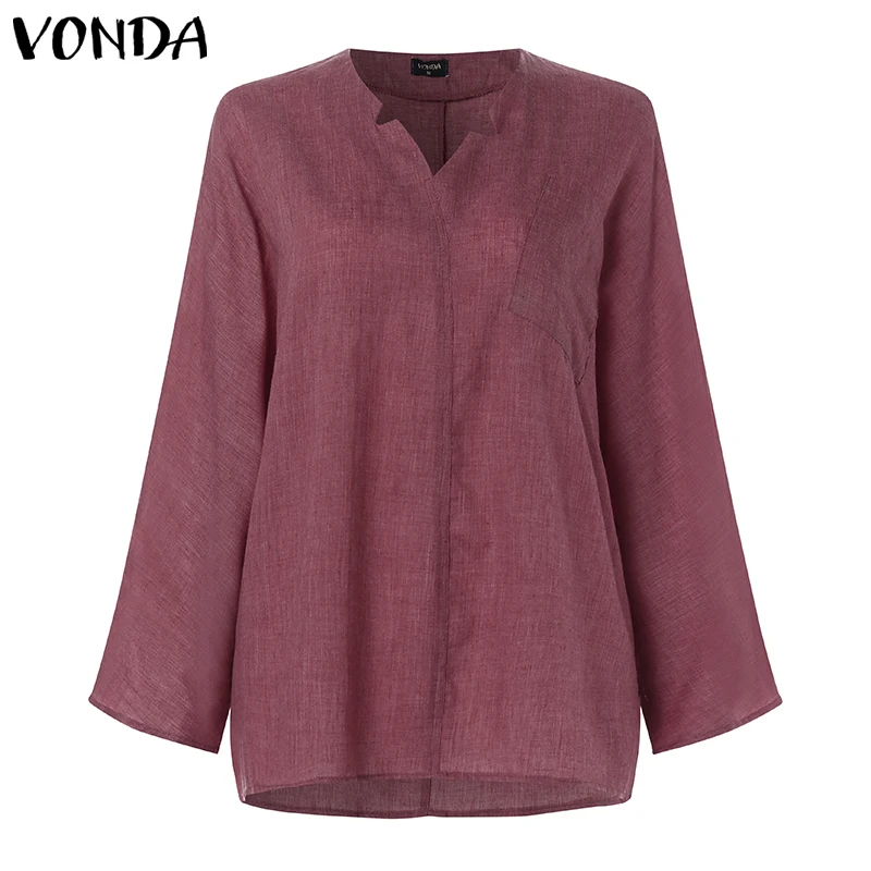 VONDA, 6 цветов, Женская винтажная блуза, Повседневная рубашка,, осень, длинный рукав, v-образный вырез, топы, OL Blusas, Пляжная Женская Туника размера плюс