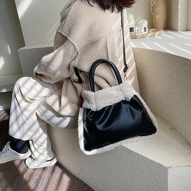 

BEAU-Fashion Lamb Cashmere Women Handbags Plush Shoulder Bags Pu Leather Crossbody Bag Large Capacity Totes Lady Purse