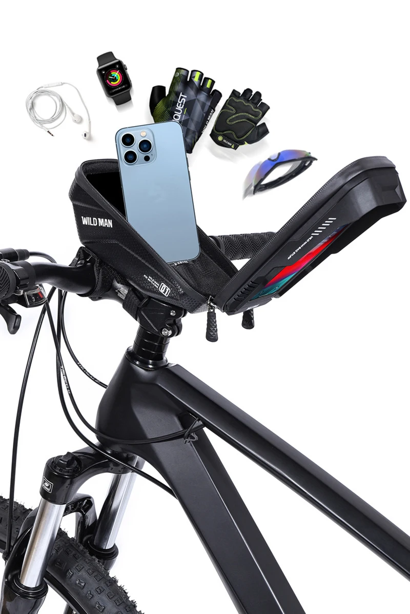 WILD MAN Rainproof Bicycle Bag Hard Shell Bike Front Bag Touch Screen Cycling Bag 6.7 Inch Phone Case Bag Bicycle Accessories