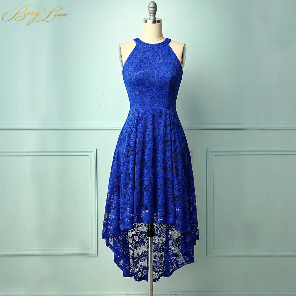 Royal Blue BeryLove Румяна короткие платья для выпускного вечера Кружева Мини Длина Холтер декольте девушка милый высокий-низкий Вечерние Выпускные платья на молнии - Цвет: Royal Blue