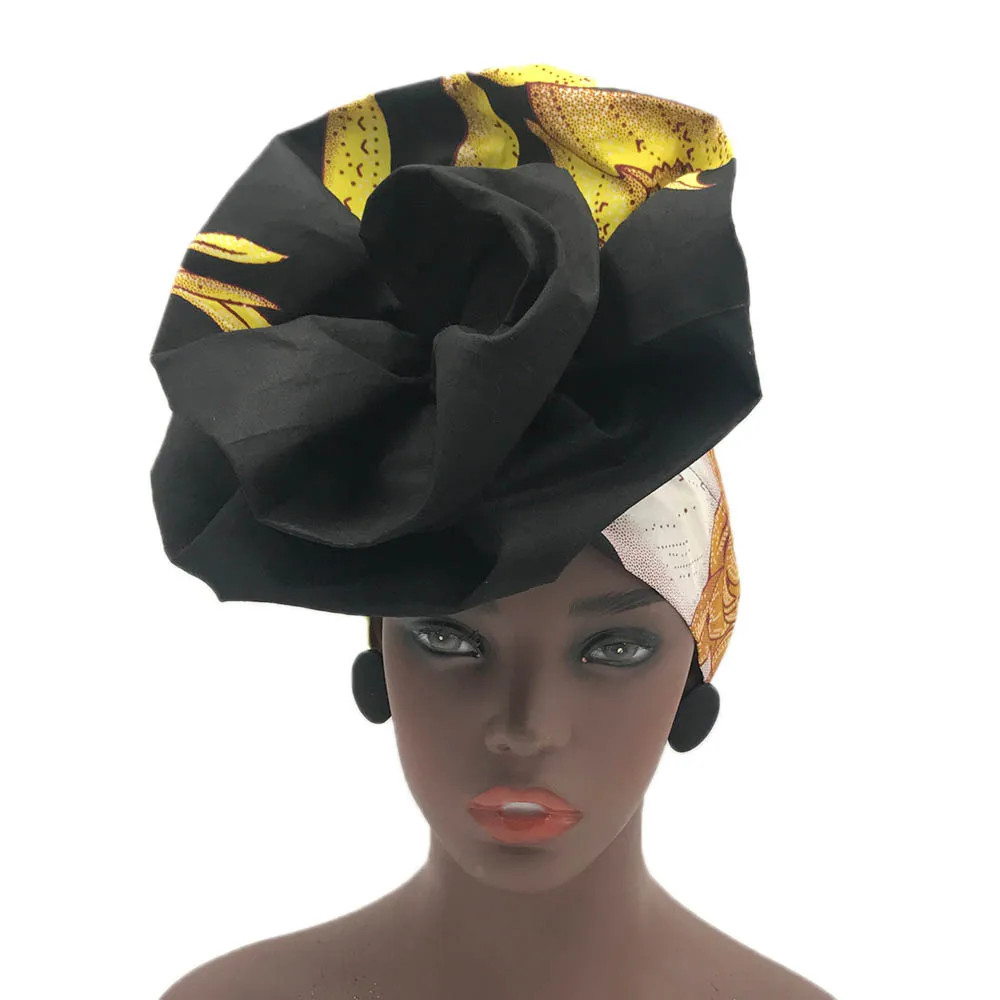African headwrap flower shape headtie turban wax fabric nigerian headwear auto gele print wax headgear (14)