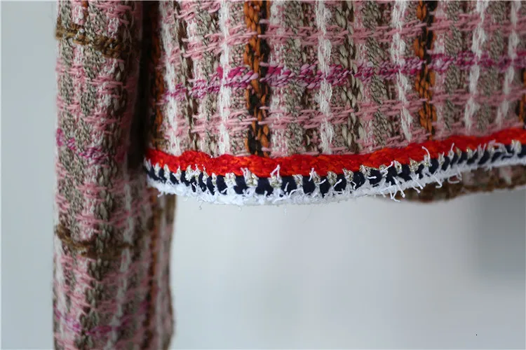 High Quality Tweed 2 Piece Set Fall Designer Pink Plaid Tweed Jacket Skirt Suit Single Breasted Wool Coat& One Step Skirt
