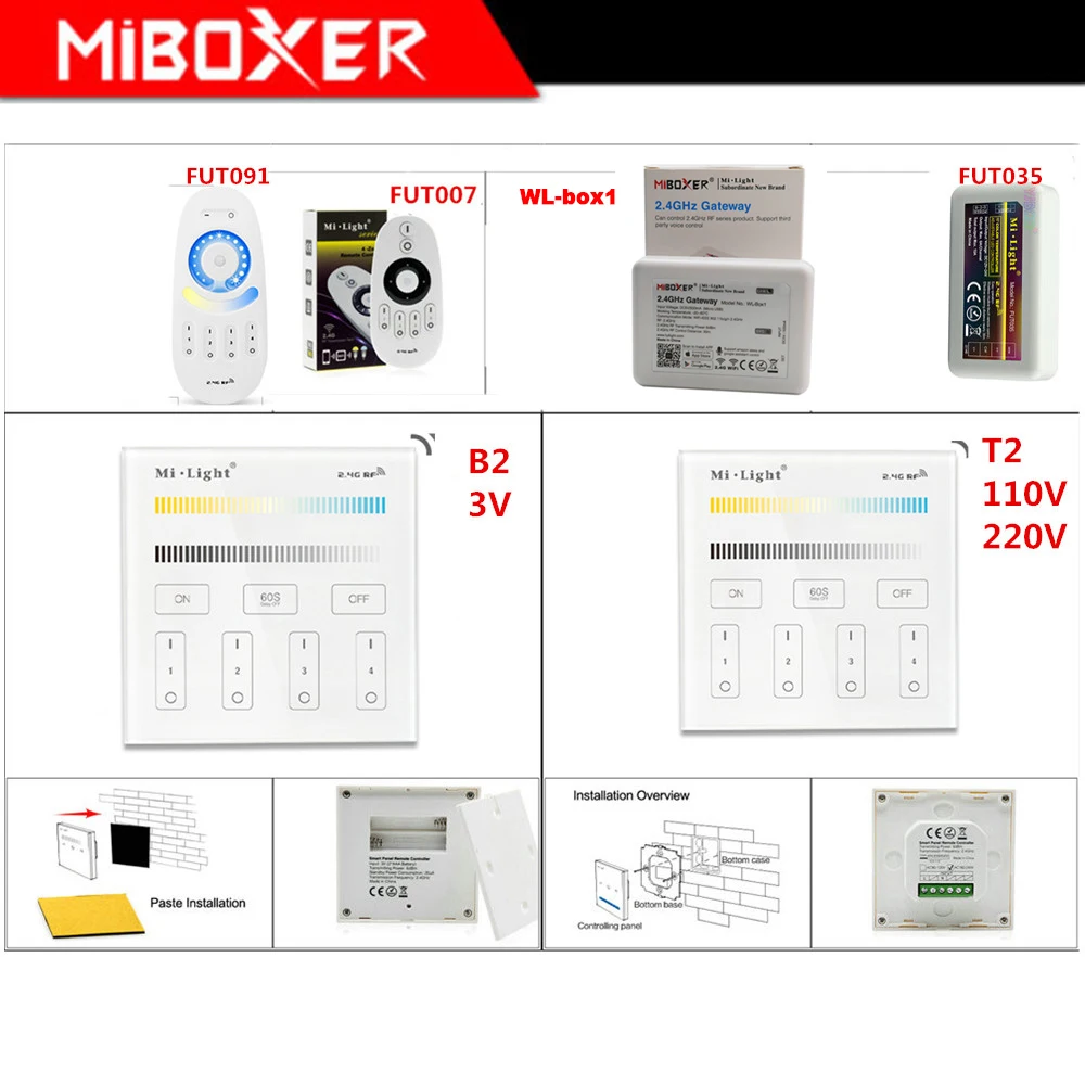 

MiBOXER FUT035/WL-Box1/T2/B2 led strip Light Controller WiFi iBox 2.4G Brightness Smart Panel Remote dimmer