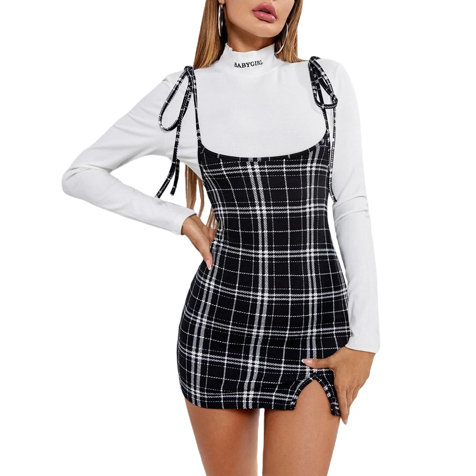 

Women High Waist Suspender Skirt Plaid Print Split Hem Pinafore Bodycon Overall Dress