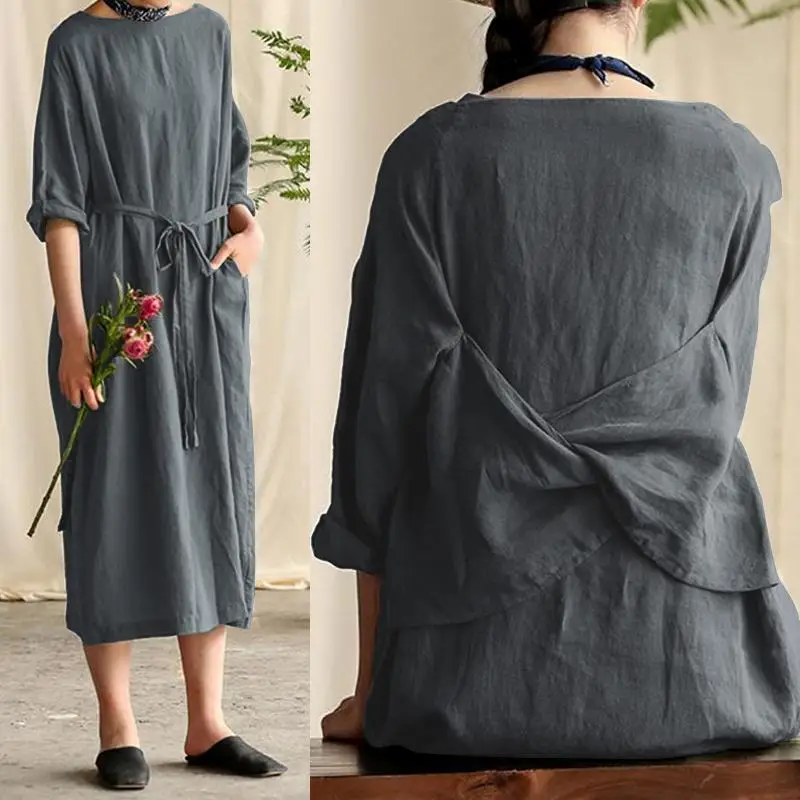 

Kaftan Linen Back Bow Long Vestidos Women Summer Sundress Female Casual Lace Up Mid-Calf Dress Fashion 3/4 Sleeve Robe Plus Size