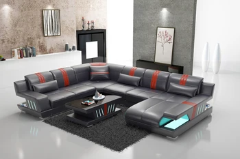 

Foshan factory price U shape leather sofa with LED light & USB G8049