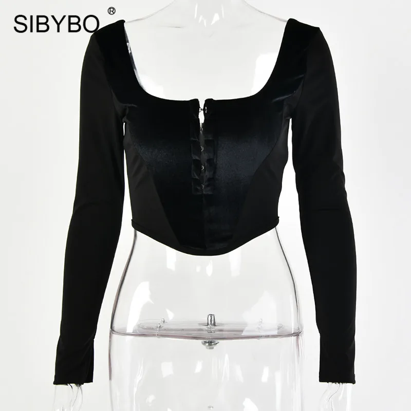 SIBYBO, длинный рукав, пэчворк, тонкие сексуальные женские топы, квадратный воротник, открытая спина, короткая женская футболка, черная, молния сзади, повседневный укороченный топ - Цвет: Черный
