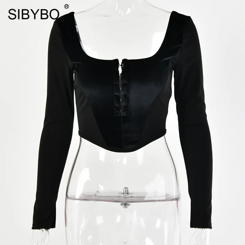 Черный SIBYBO, длинный рукав, пэчворк, тонкие сексуальные женские топы, квадратный воротник, открытая спина, короткая женская футболка, черная, молния сзади, повседневный укороченный топ - Цвет: Черный