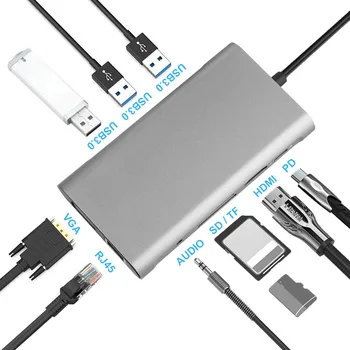 

USB Type C Hub Type-C To HDMI 4K VGA Adapter RJ45 Lan Ethernet SD TF USB-C 3.0 Typec 3.5mm Jack Audio Video for MacBook Pro OTG