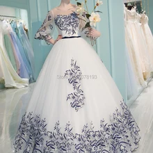 1124 Королевское бело-голубое ТРАПЕЦИЕВИДНОЕ Тюлевое платье в пол с длинными рукавами, торжественные платья/вечерние платья