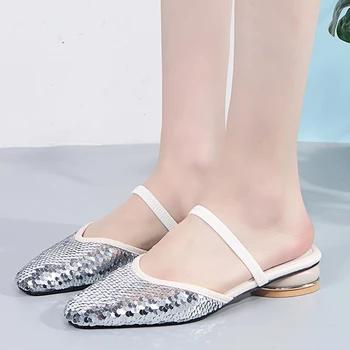 

Rimocy Silver Sequin Slippers Woman Fashion Square Toe Low Heel Sandals for Women 2020 Summer Elegant Outdoor Slides Ladies