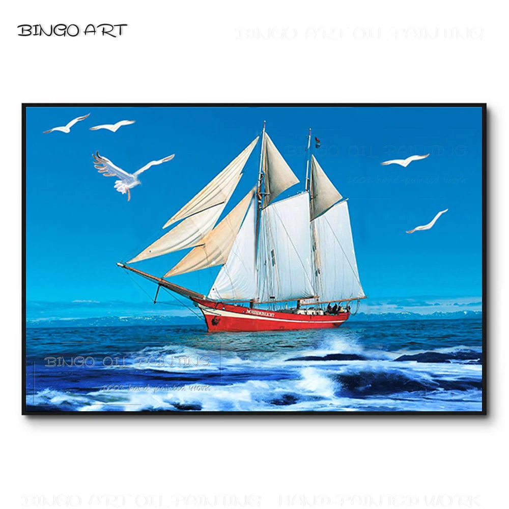 

Hand-painted High Quality Blue Sea Landscape Oil Painting Big Boat Sailing Picture Flying Seagull Oil Painting for Wall Decor