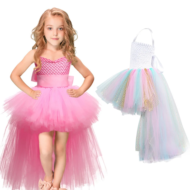 Розовое платье-пачка для девочек вечернее платье из тюля с v-образным вырезом и шлейфом для девочек на день рождения детское бальное платье для девочек костюм на Хэллоуин От 2 до 8 лет