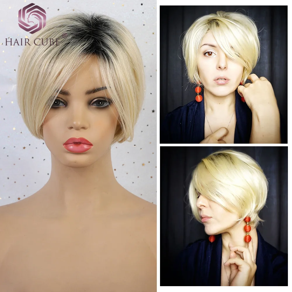 Haircube синтетические короткие прямые волосы смешанные парики женские Боб Стиль 50% человеческие волосы Pixie Cut темный корень блонд парик для женщин