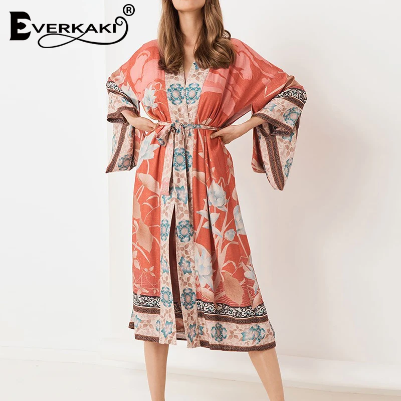 Everkaki Boho пальто-кимоно женское с поясом Цыганский принт свободное женское богемное кимоно женское пальто осень новое