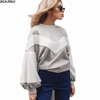 

2020 Women Sweatshirts Plus Size Long-Sleeved Loose Fur Paneled Puff Sleeved V Letter Print Sweatshirt Loose Casual Black Female