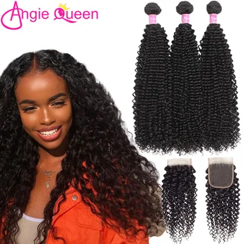 

Angie Queen Kinky Curly Malaysian non Remy Hair Human Hair Bundles With Closure Lace Closure With 4 Hair Bundles Natural Color L