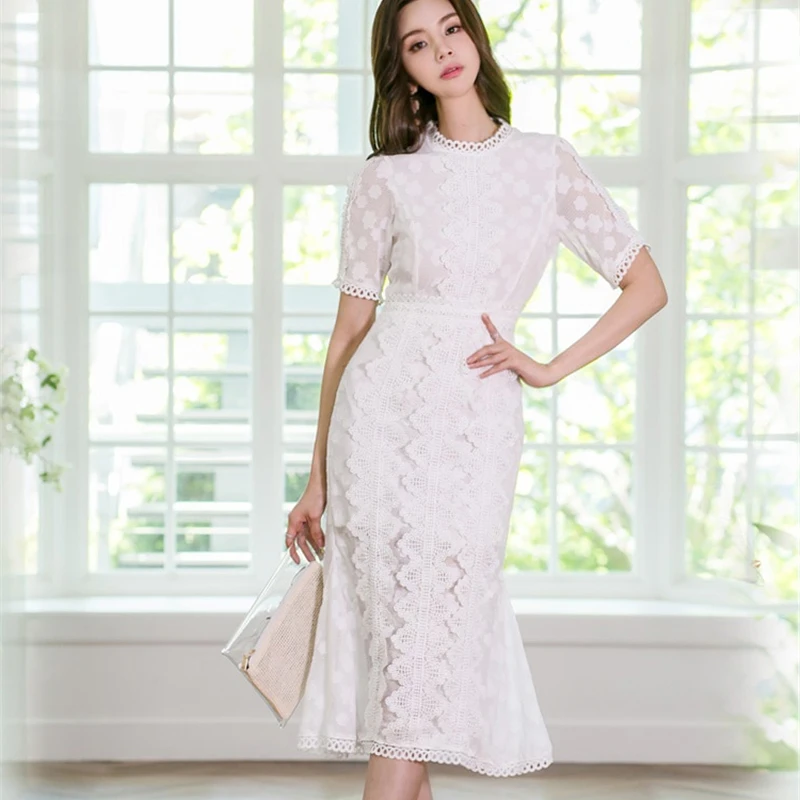 

Summer O-neck Short Sleeve Women White Dress Floral Lace Patchwork Female Midi Dress Slim Waist Elegant Vestidos 2019