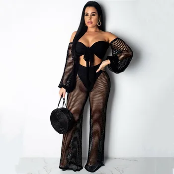 

2Pcs Women Sexy Crochet Mesh Outfits Set Off-Shoulder Long Sleeves Crop Tops Loose Long Pants Beach Sheer Bikini Cover Up Outfit