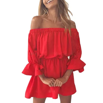 

Summer Women Solid Color Off Shoulder 3/4 Ruffle Sleeve Elastic Waist Mini Party Dress Elastic Waist Mini Party Dress