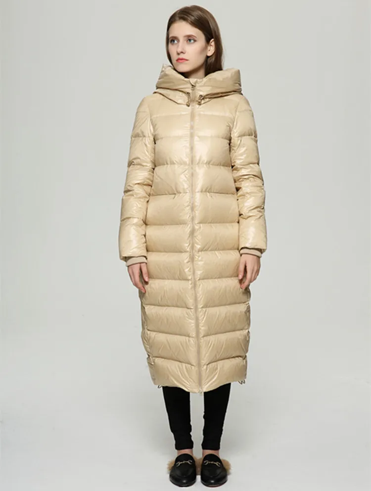 Winter New Style Cocoon Long over-the-Knee down Jacket Female Black Bright Surface Thick Loose White Duck down Warm Coat Fashion