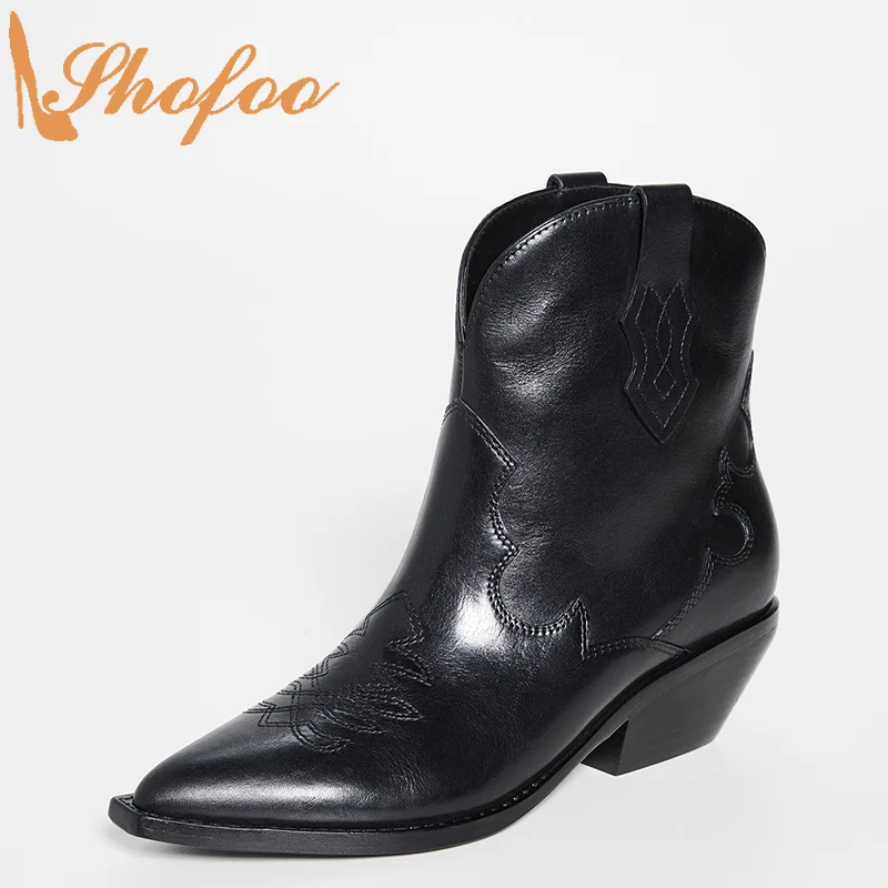 

Black Woman Ankle Boots Med Chunky Heels Pointed Toe Sewing Booties Slip On Mature Fashion Ladies Shoes Large Size 41 43 Shofoo