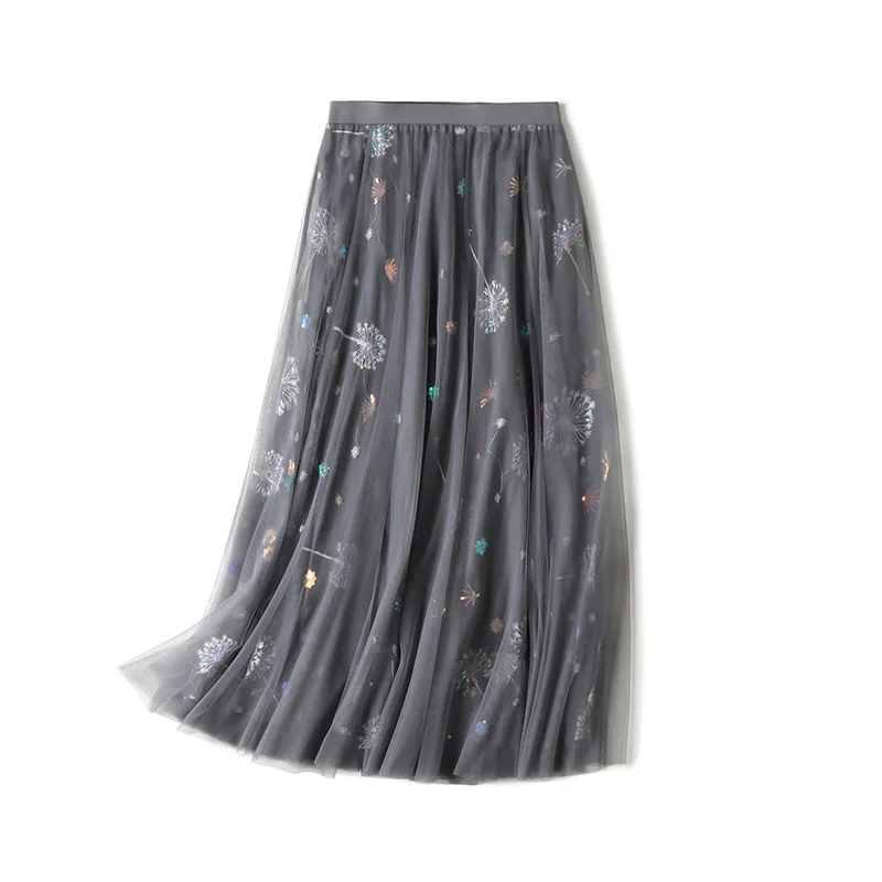 Luxury Mesh Skirt for Women Embroidery Dandelion Sequins Gray Womens Maxi Tulle | Женская одежда