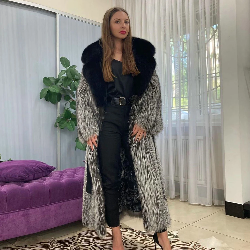 Fashion X-long Real Silver Fox Fur Coat Turn-down Collar 2022 New Trendy Woman Winter Whole Skin Genuine Silver Fox Fur Overcoat