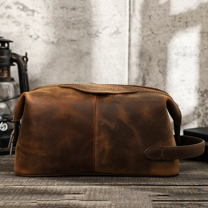 Contact's Crazy Horse Leather Cosmetic Bag For Men Toiletry Bags Male Makeup Pouch Vintage Travel Wash Storage Large Capacity 3
