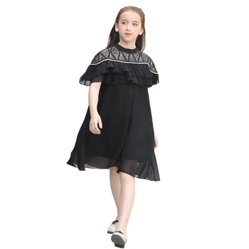 

New Kids Dresses 10 to 12 years Ruffles Shoulder Black Chiffon Dress Princess Party Dresses for Teenage Girl