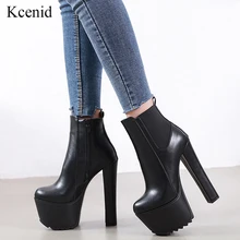 Kcenid/ г., пикантная зимняя обувь на высоком каблуке 16 см женские ботинки «Челси» с круглым носком женские ботильоны на толстом каблуке обувь на платформе