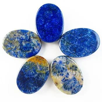 

(10pieces/lot) Natural Blue Chrysanthemum Coral Fossils Oval CAB CABOCHON 18x25x6mm