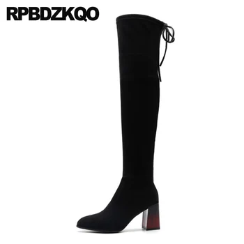 

shoes round toe lace up block over the knee chunky fashion chinese high heel black fall long suede slim thigh women boots tall
