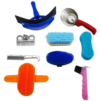 

10pcs Horse Cleaning Kit Set Brush Scrubber Scraper Hoof Pick Comb Massage Tail Curry Mane Professional Grooming Tool